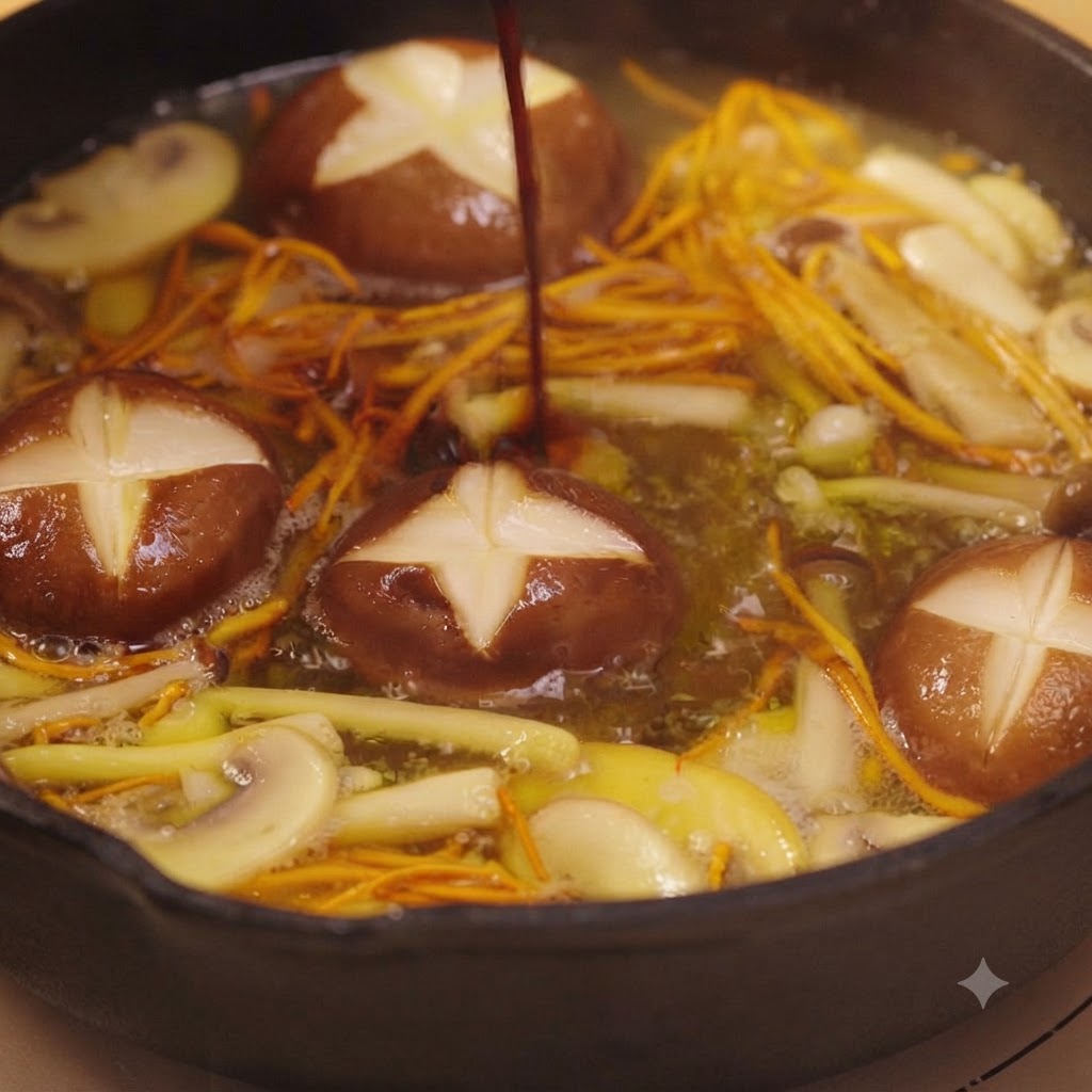 Salsa de soja oscura vertida desde una cuchara en un caldo de hongos burbujeante repleto de shiitake y cordyceps.