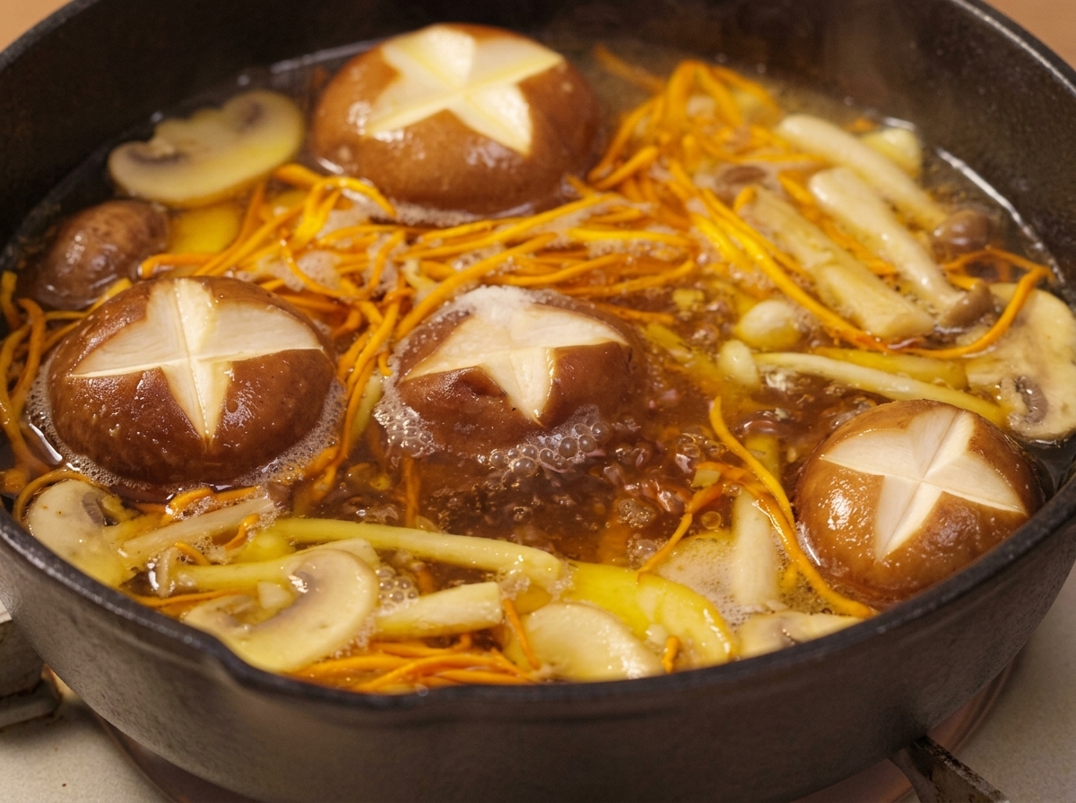 Una tapa de cristal colocada firmemente sobre una sartén con sopa de hongos burbujeante cocinándose en una cocina eléctrica.