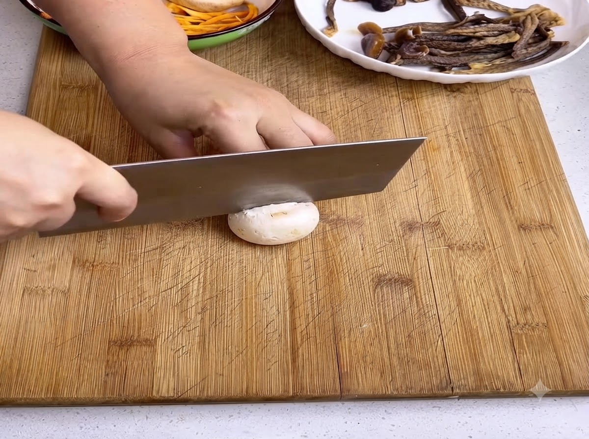 Un cuchillo de cocina cortando un champiñón blanco sobre una tabla de cortar de madera.