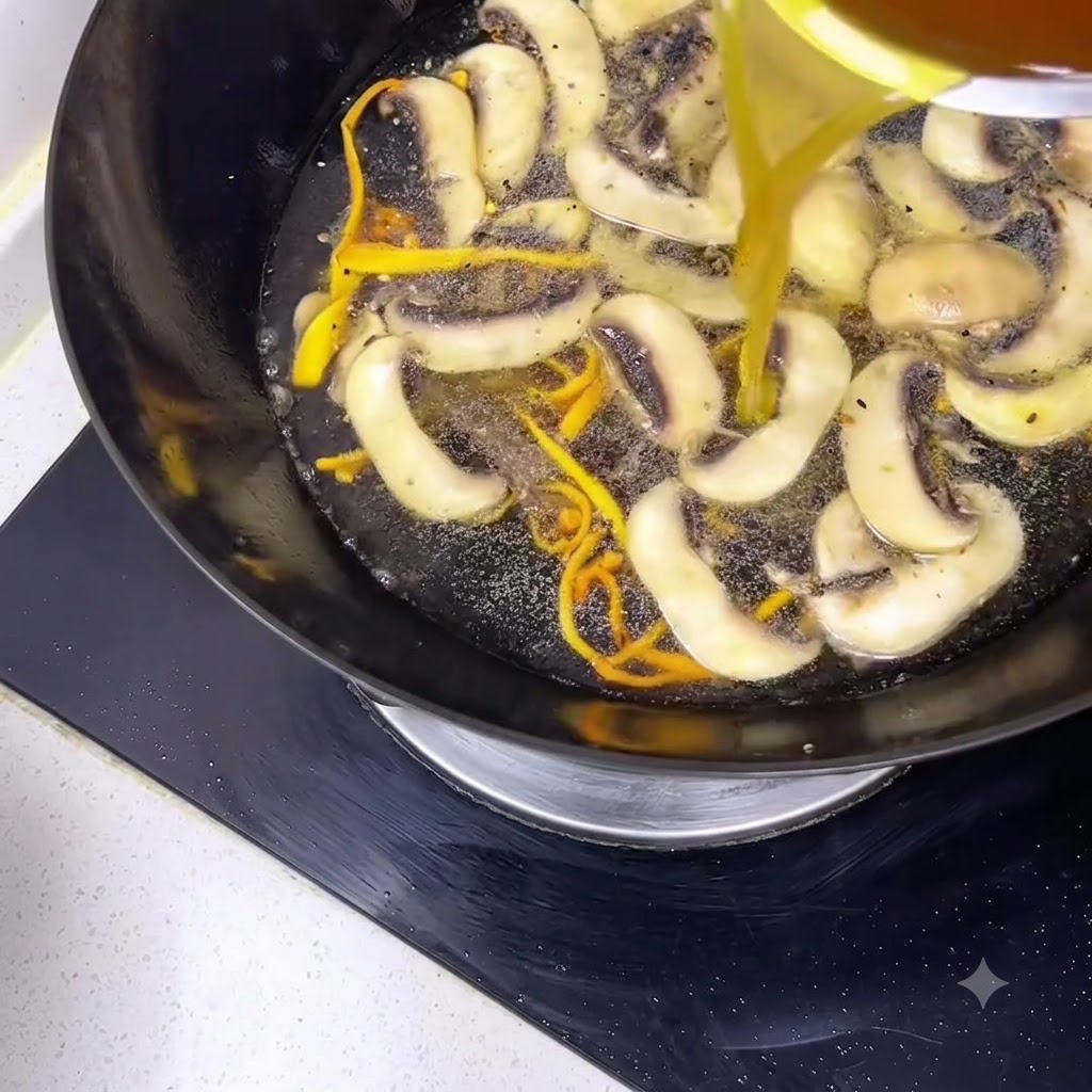 Líquido ámbar claro del remojo de setas siendo vertido desde un recipiente a un wok chisporroteante con setas laminadas.