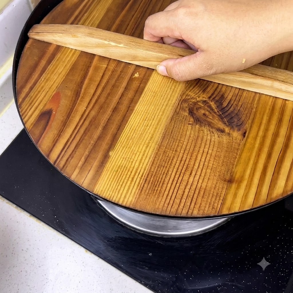 Una mano sosteniendo el asa de una tapa de madera redonda que se coloca firmemente sobre un wok negro.