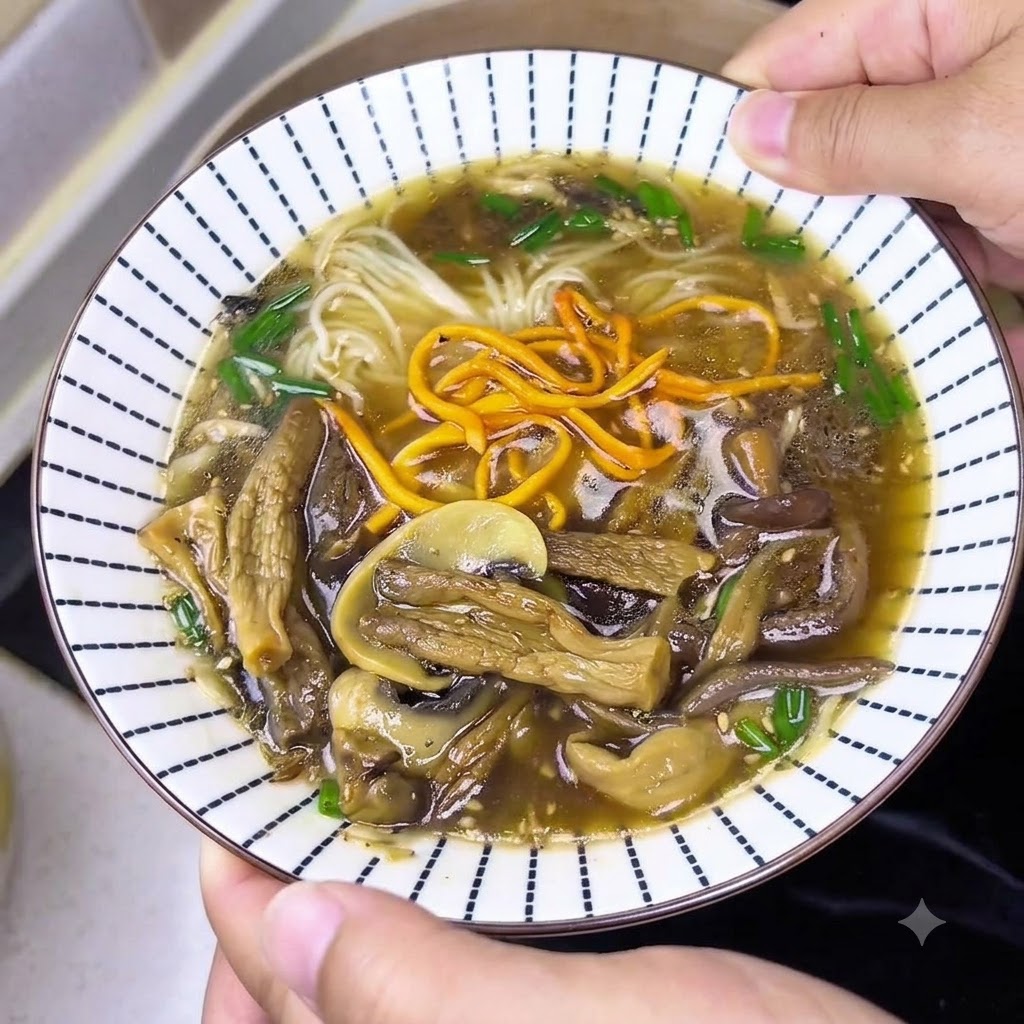 Un cazo sirviendo sopa de setas caliente y sabrosa en un bol que contiene condimentos y verduras.