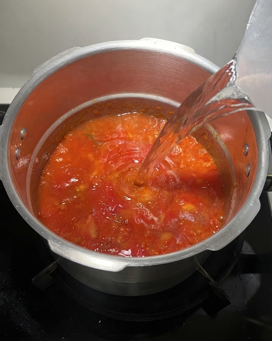 Agua clara siendo vertida desde una jarra en una olla con un caldo de tomate brillante y rojo a fuego lento.