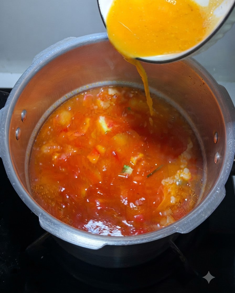 Huevos amarillos batidos siendo vertidos desde un tazón en una sopa de tomate roja, vibrante y a fuego lento.