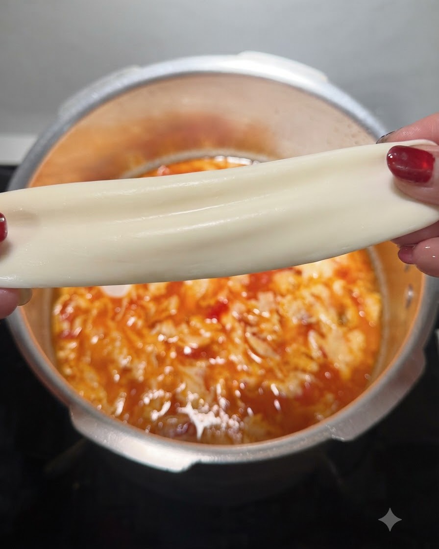 Manos estirando una tira de oblea de dumpling suave y flexible sobre una olla de sopa a fuego lento.