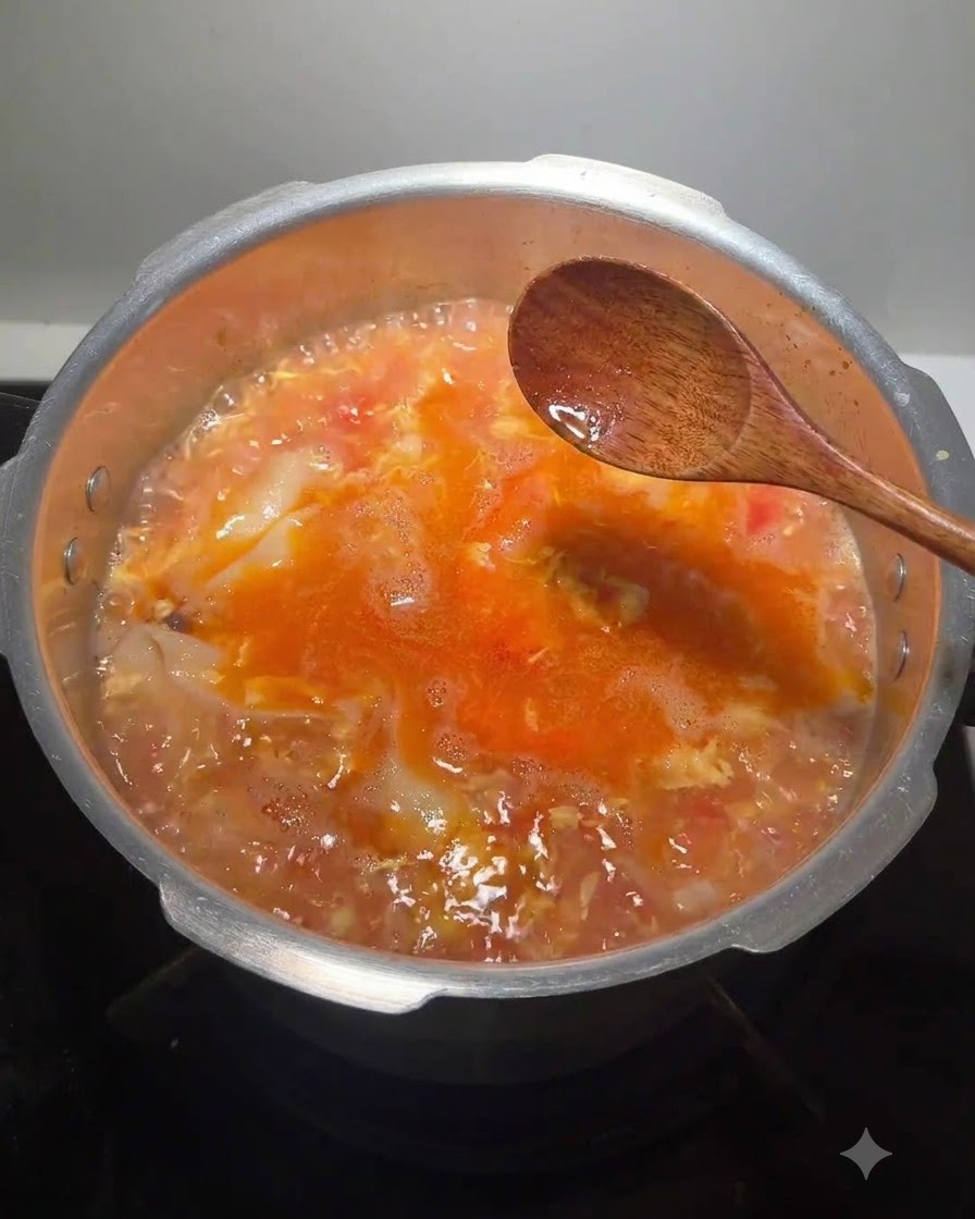 Una cuchara de madera revolviendo una olla de sopa rica y a fuego lento con condimentos y hierbas visibles.