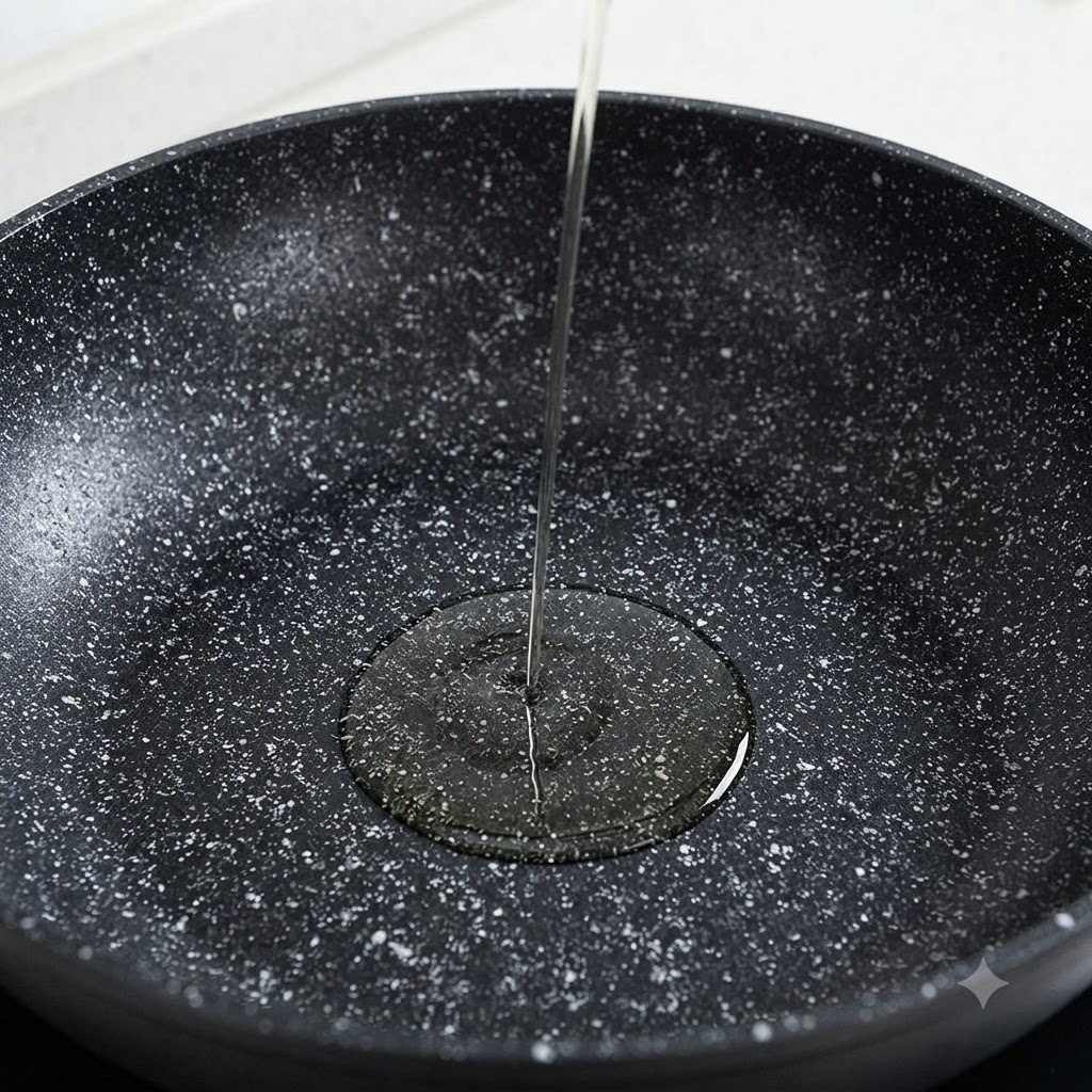 Aceite siendo vertido en un wok negro con motas para preparar el salteado de cabezas de camarón.