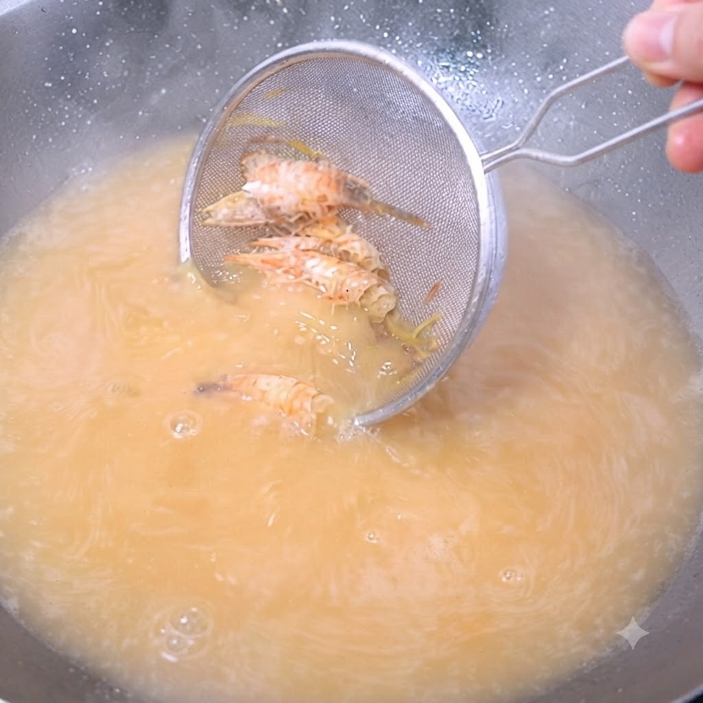 Cabezas de camarón cocidas siendo retiradas de un caldo hirviendo de color dorado usando un colador de malla de acero inoxidable.