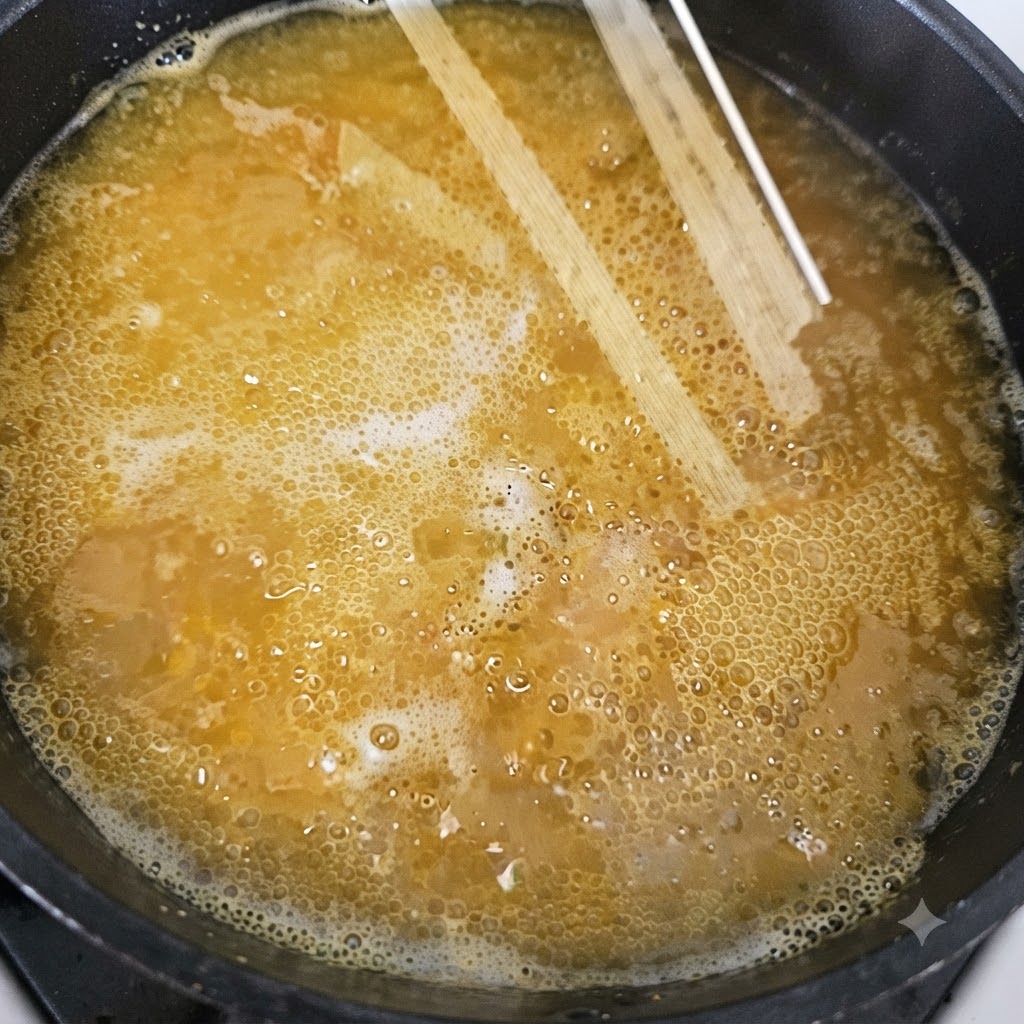 Fideos finos secos cocinándose dentro de un caldo de camarón dorado burbujeante en un wok.