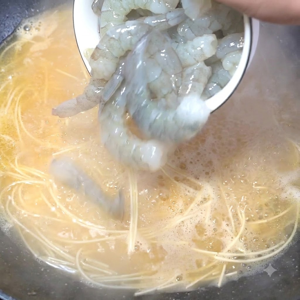 Carne de camarón cruda siendo vertida en una olla de fideos y caldo hirviendo.