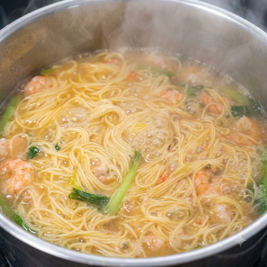 Hojas de bok choy verde colocadas dentro de una olla de fideos con camarones a fuego lento.