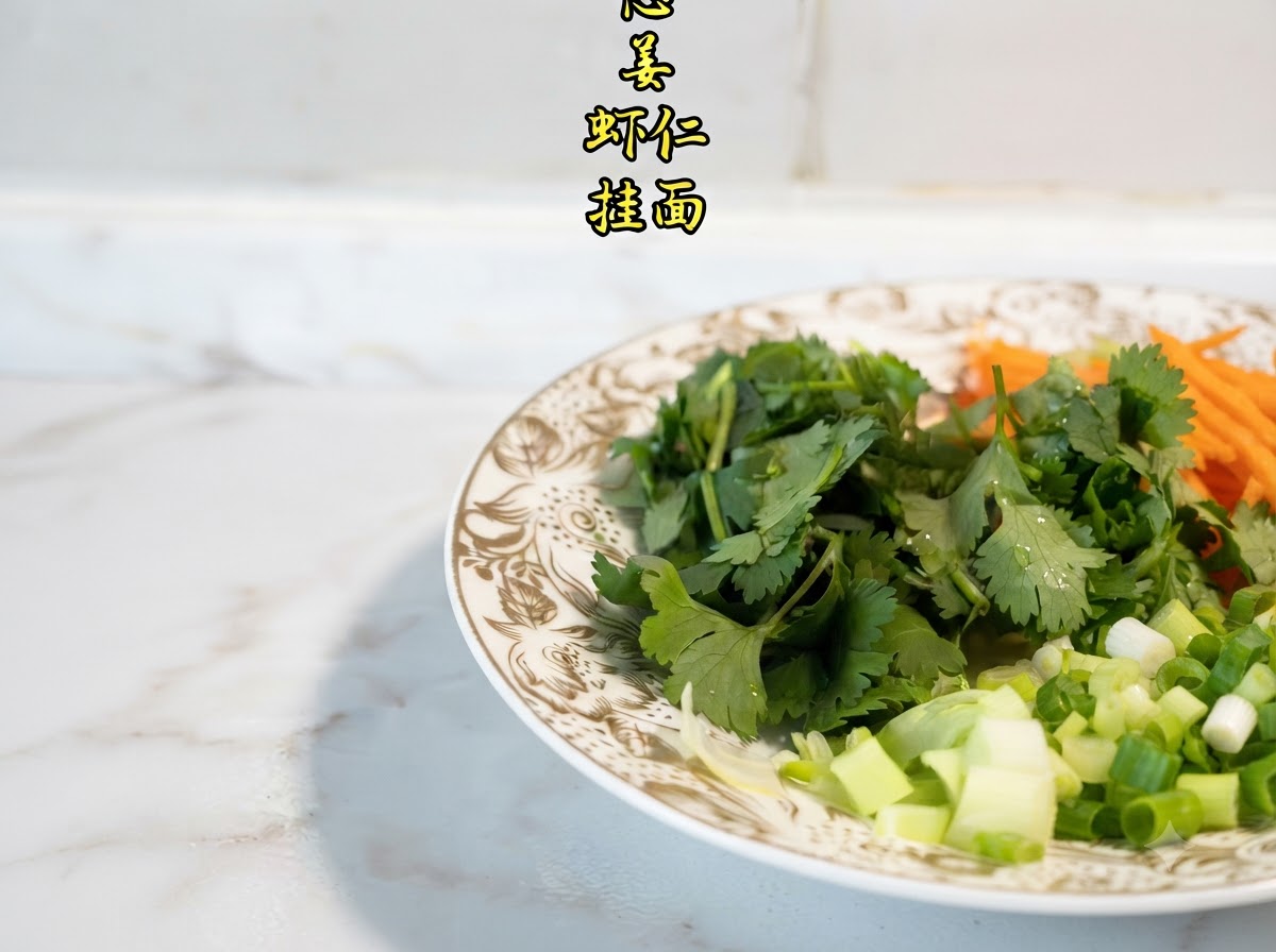 Un plato blanco que contiene zanahorias en juliana, cilantro, cebollines picados, jengibre, camarones crudos y fideos secos.