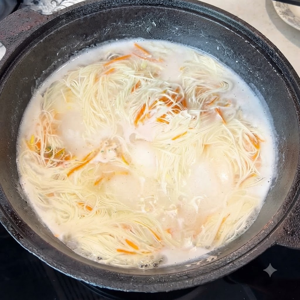 Pimienta de Sichuan en polvo y jengibre en polvo siendo mezclados en la sopa de fideos hirviendo con una cuchara de madera.