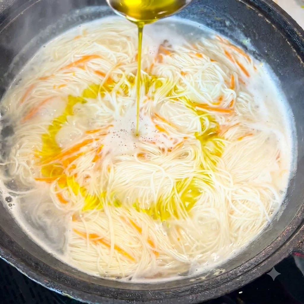 Una cucharada de aceite de cocina siendo vertida en una olla burbujeante de sopa de fideos.