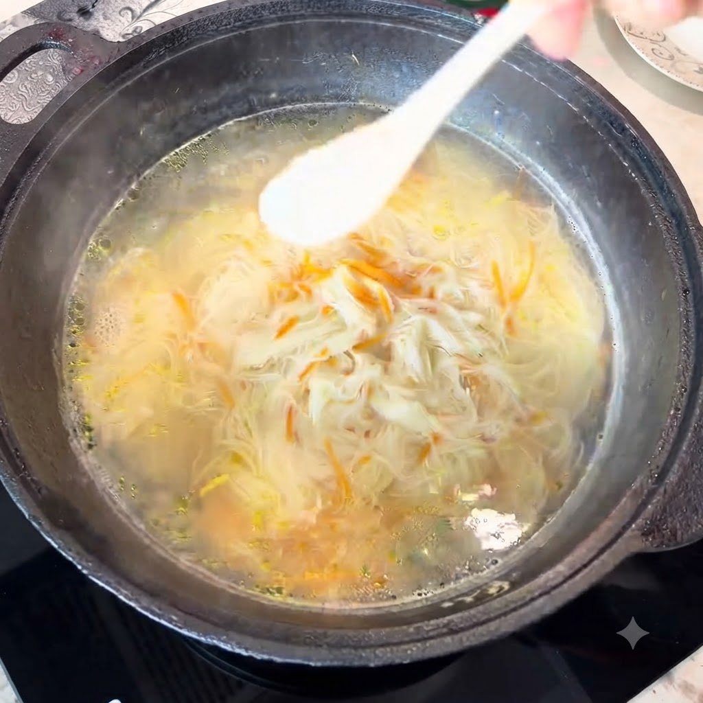 Una cuchara blanca esparciendo sal en una olla humeante de sopa de fideos con zanahorias.
