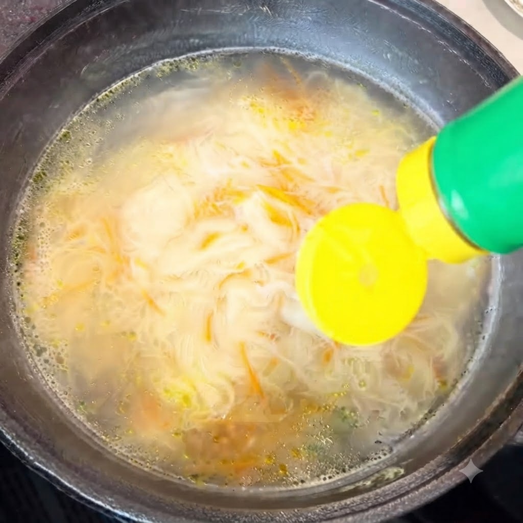 Salsa de ostras siendo exprimida de una botella con tapa verde hacia la sopa de fideos en cocción.