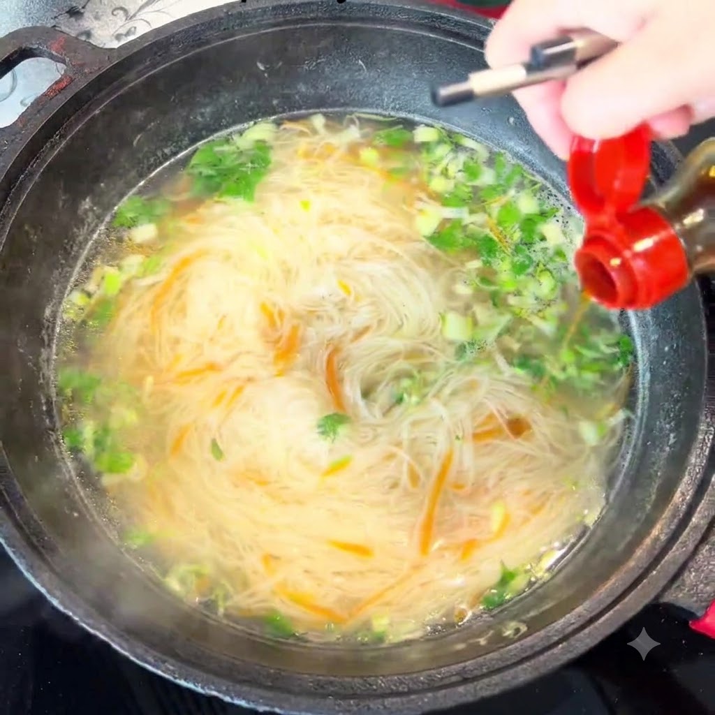 Aceite de sésamo siendo vertido desde una botella pequeña en una olla de sopa de fideos.