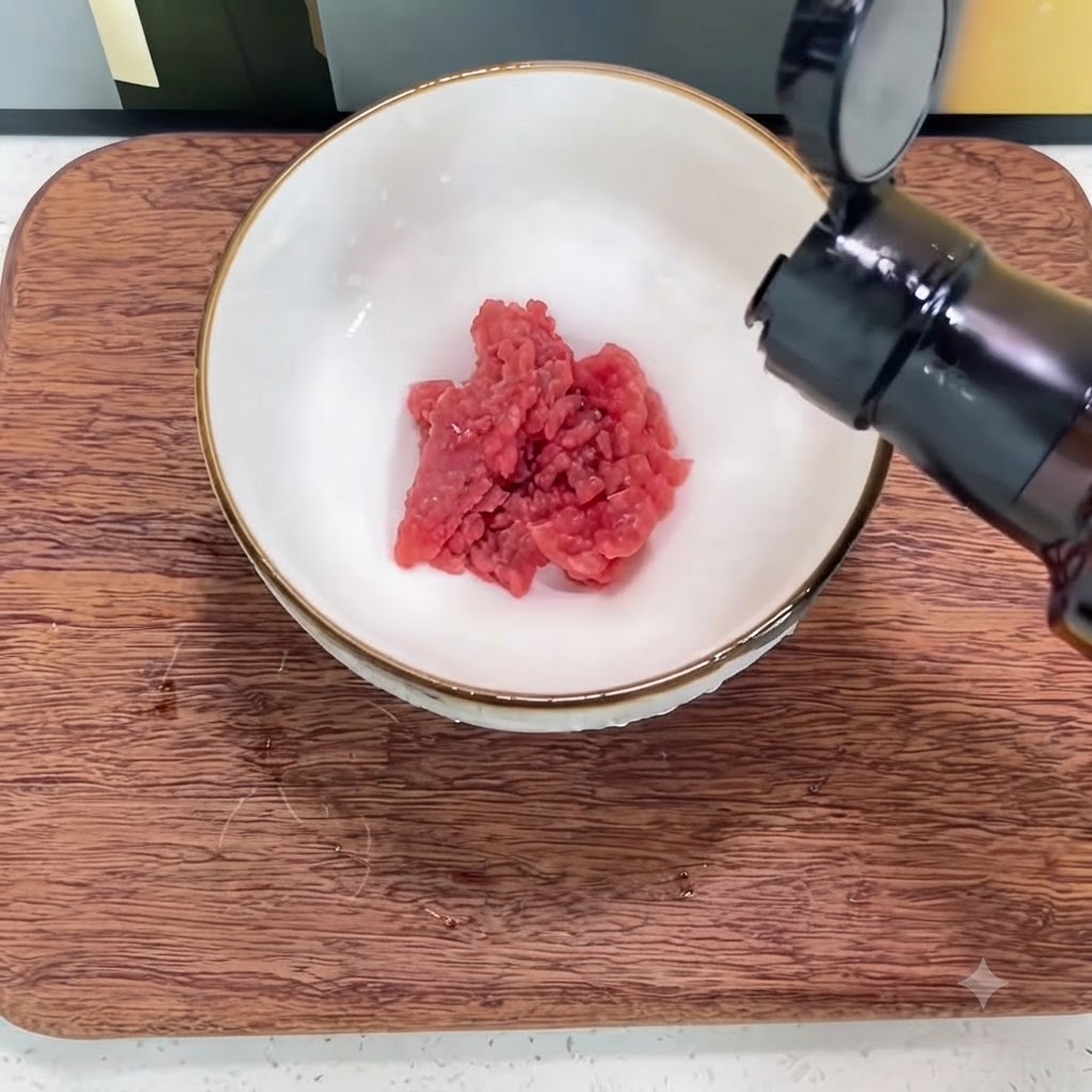 Una botella vertiendo aceite de cocina para bebés en un tazón blanco con ternera picada.