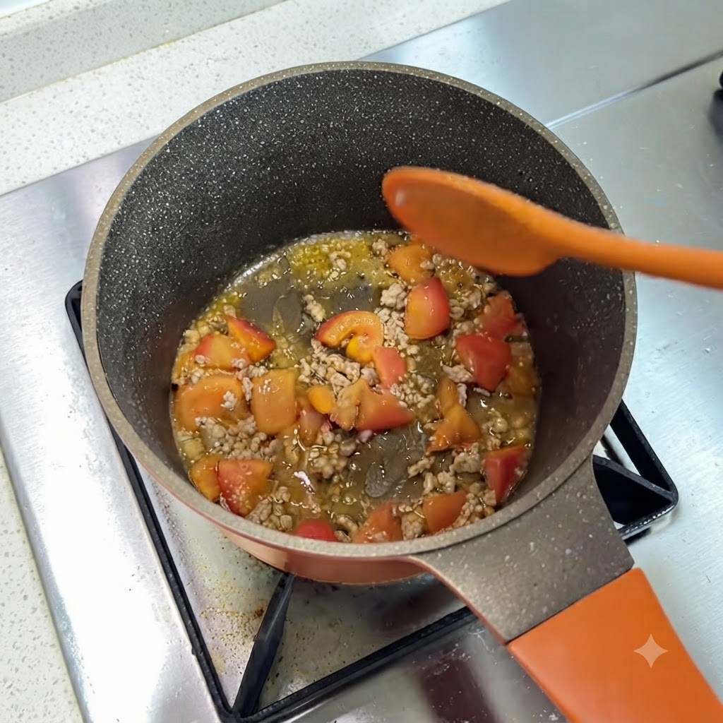 Una cucharada de salsa de soja para bebés siendo vertida en la sartén con ternera picada y tomates.