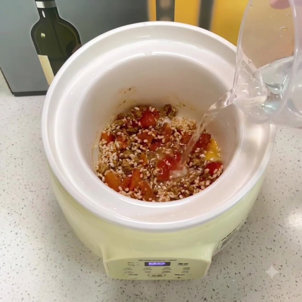 Agua clara siendo vertida desde una taza medidora en la olla con la mezcla de arroz y carne.