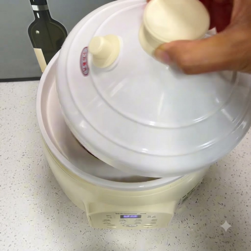 Una tapa blanca siendo colocada en la parte superior de la olla eléctrica pequeña.