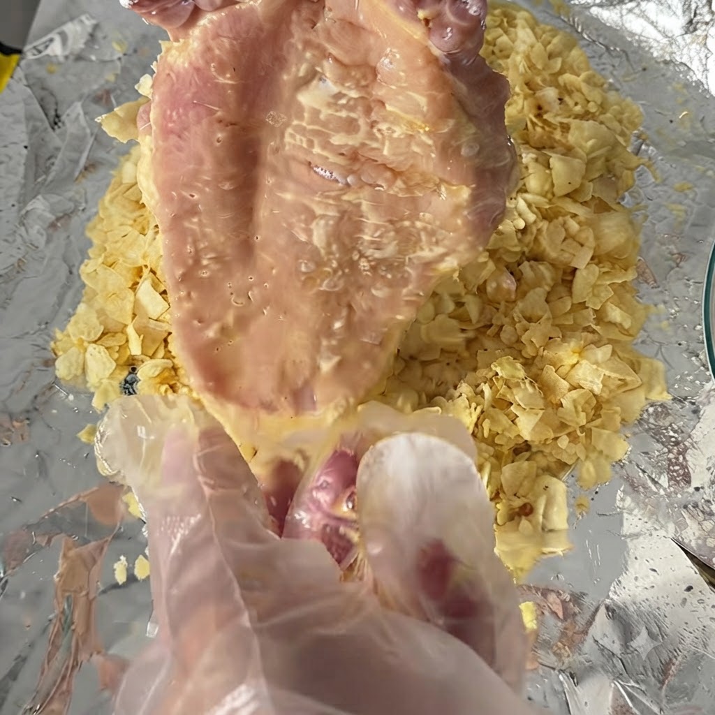 Una chuleta de cerdo siendo presionada sobre una cama de patatas fritas doradas trituradas esparcidas en papel aluminio.