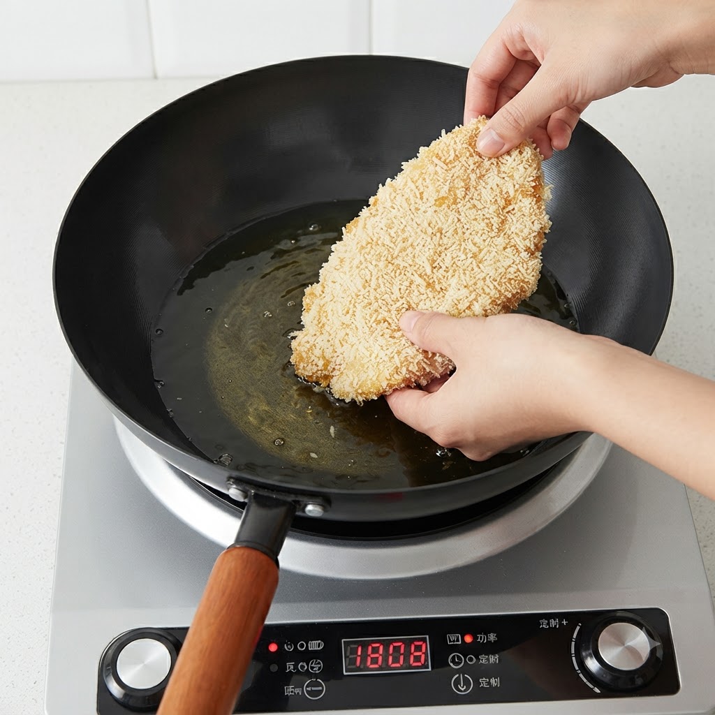 Una chuleta de cerdo empanizada siendo bajada en aceite caliente dentro de un wok negro en una estufa de inducción.