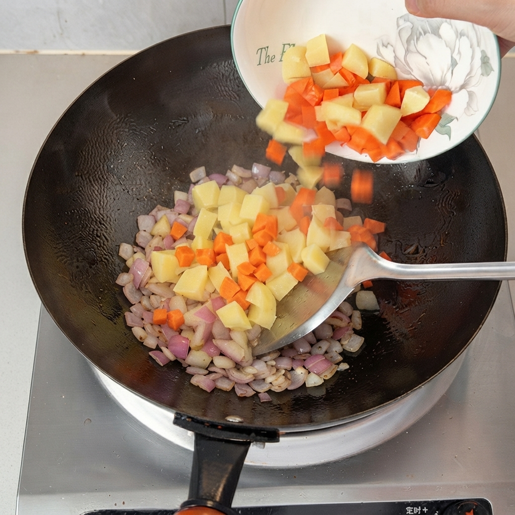 Patatas y zanahorias en dados siendo vertidas desde un bol blanco hacia un wok que contiene cebollas cocinadas.
