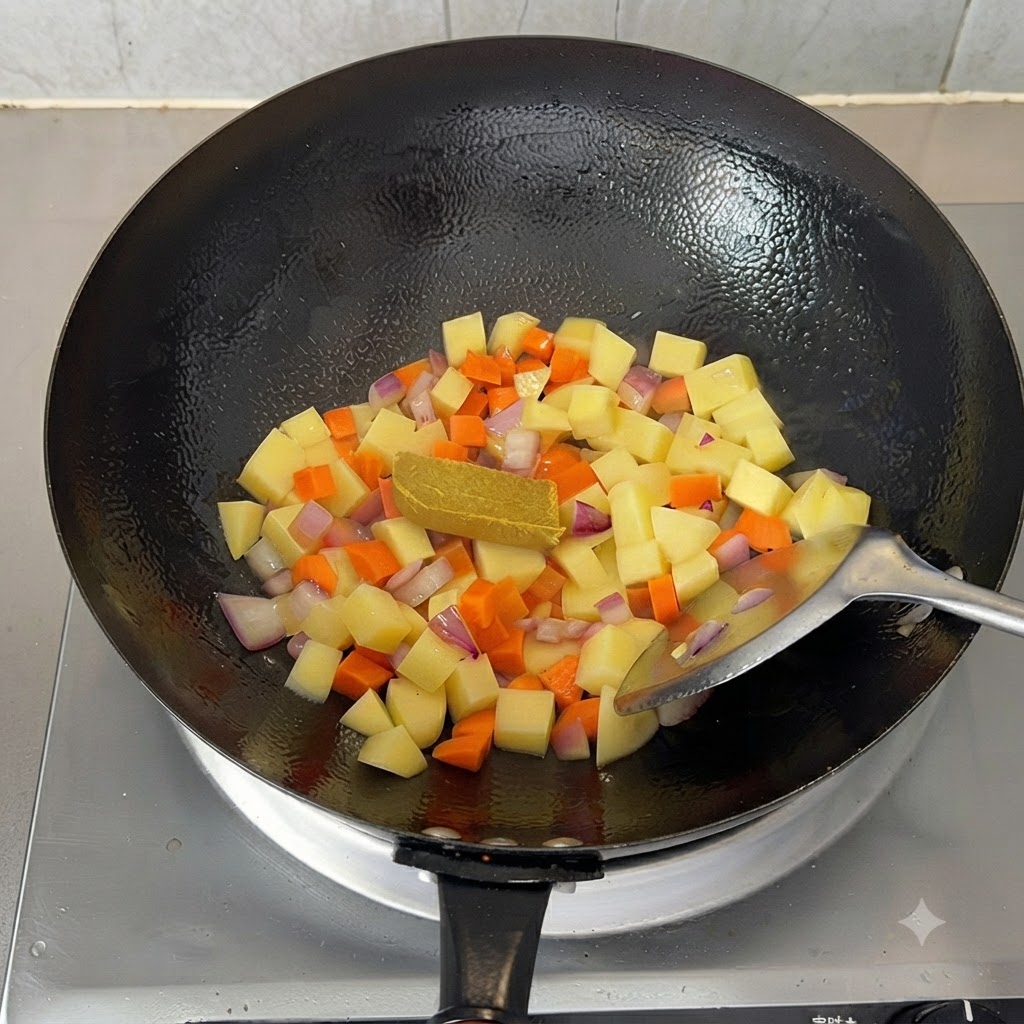 Una pastilla de curry amarillo reposando sobre patatas, zanahorias y cebollas en dados dentro de un wok.