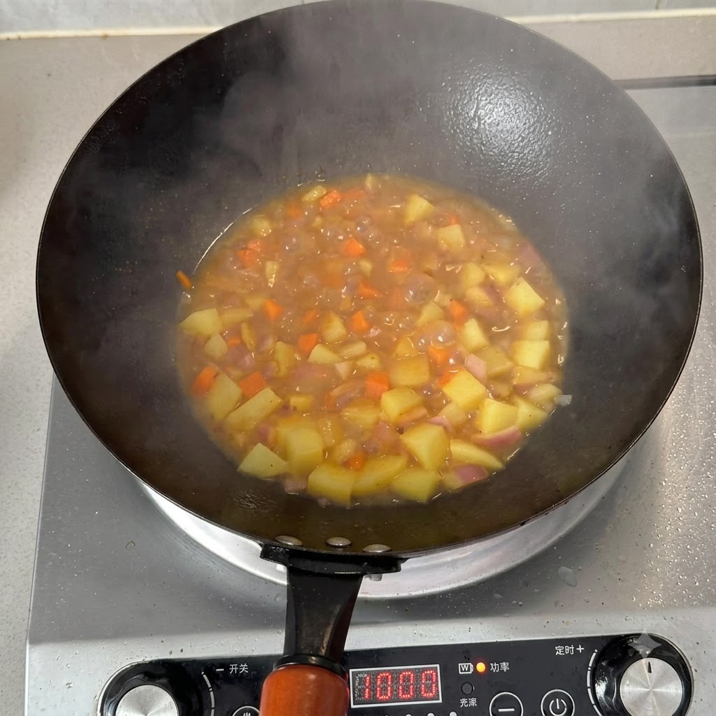 Una salsa de curry burbujeante con patatas y zanahorias cocinándose a fuego lento dentro de un wok en una placa de inducción.