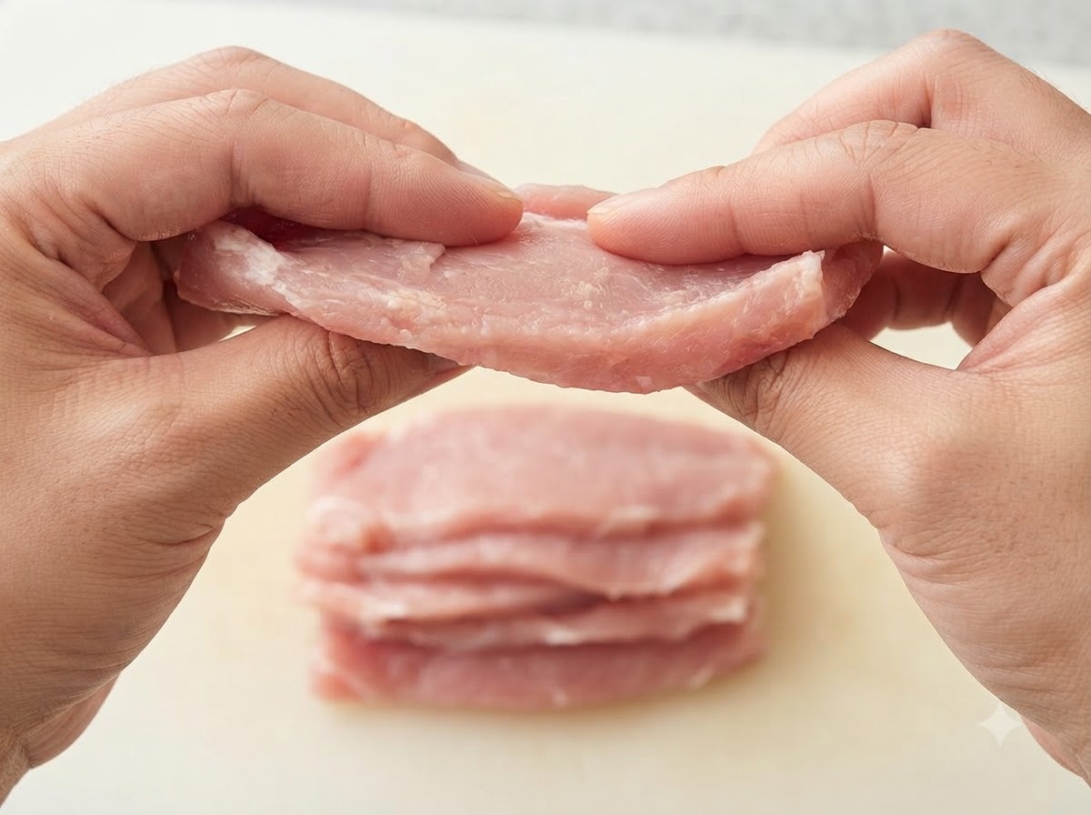 Lomo de cerdo fresco cortándose en rodajas finas sobre una tabla de cortar.