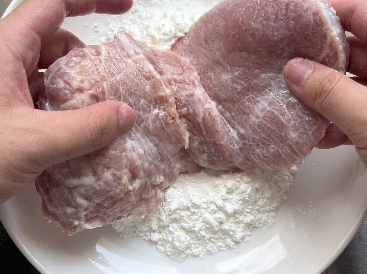 Un trozo de cerdo marinado siendo presionado en un plato con almidón seco.