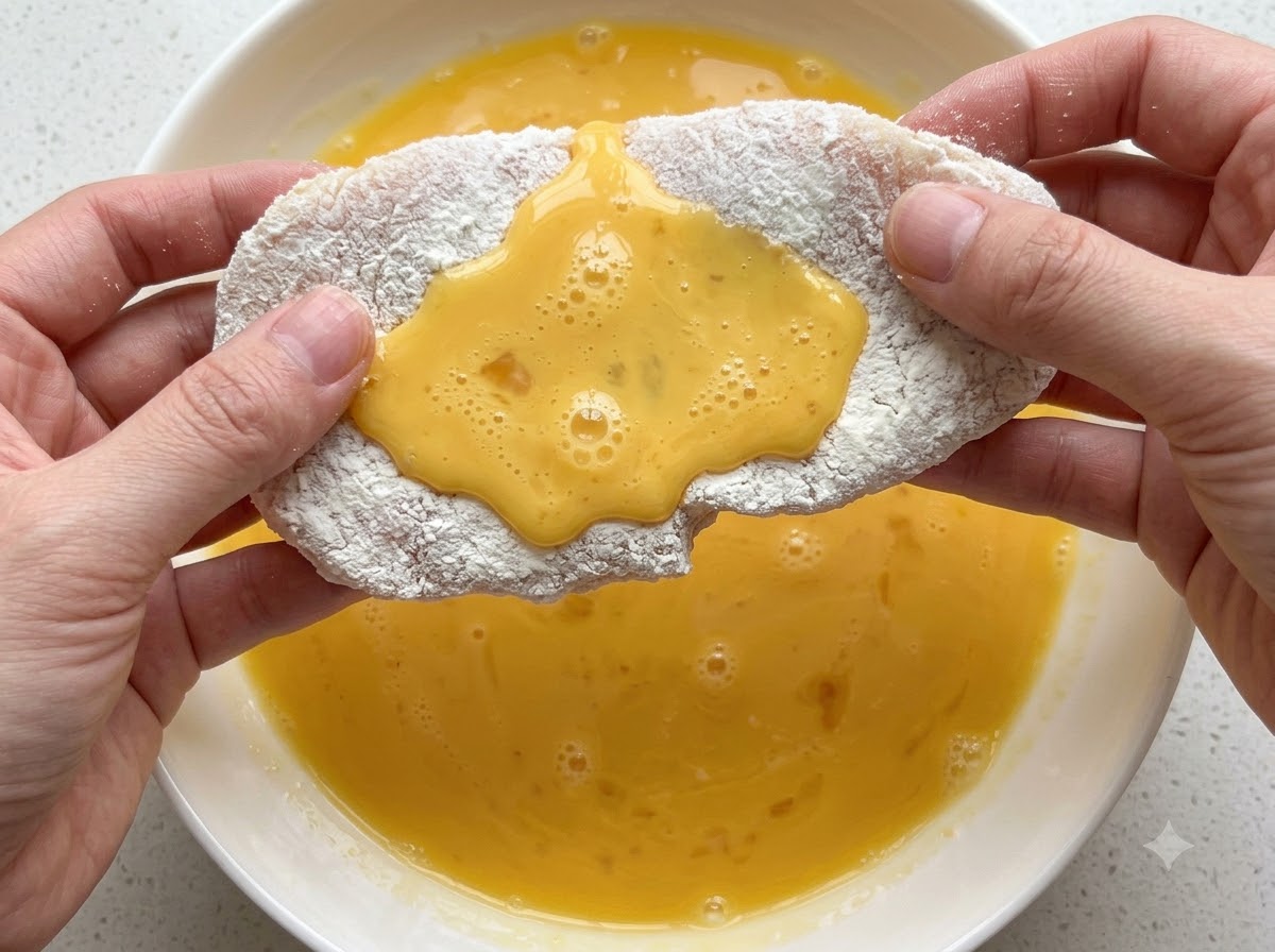 Chuleta de cerdo cubierta de almidón siendo sumergida en un bol con huevos batidos.