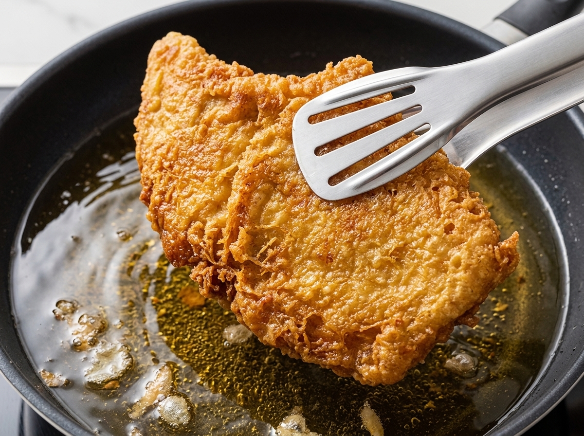 Una chuleta de cerdo dorada frita siendo volteada con pinzas de cocina en una sartén con aceite.