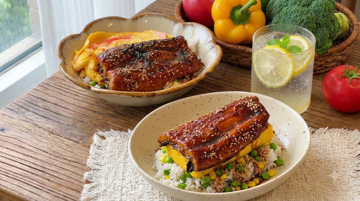 Bol de Arroz con Tortilla Tamagoyaki y Anguila Kabayaki, Maíz y Guisantes