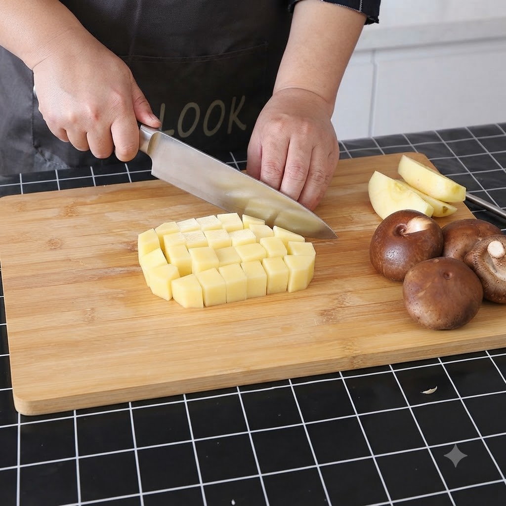 Patatas siendo cortadas en pequeños trozos cuadrados sobre una tabla de cortar de madera con un cuchillo de cocina.