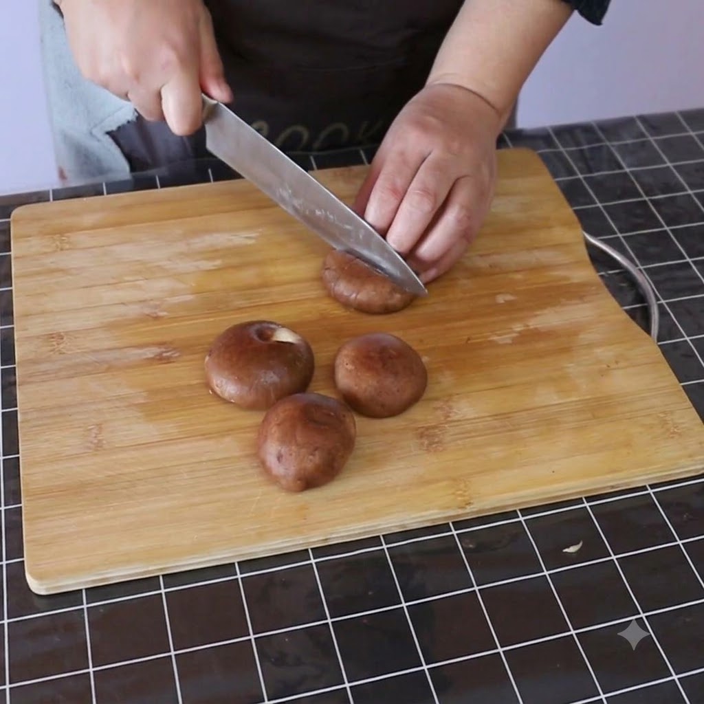 Setas shiitake siendo cortadas en rodajas sobre una tabla de cortar de madera usando un cuchillo de cocina.