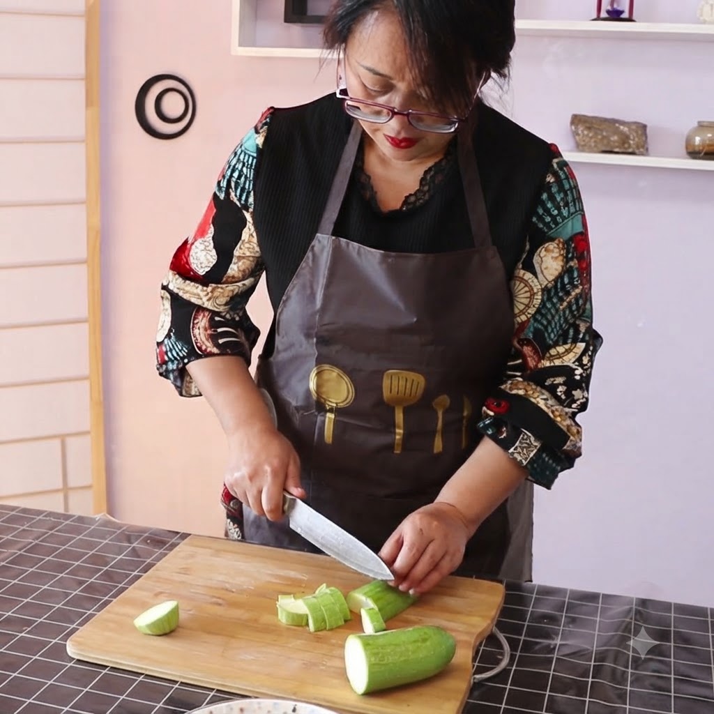 Calabacín siendo troceado en una tabla de cortar de madera con un cuchillo de cocina.