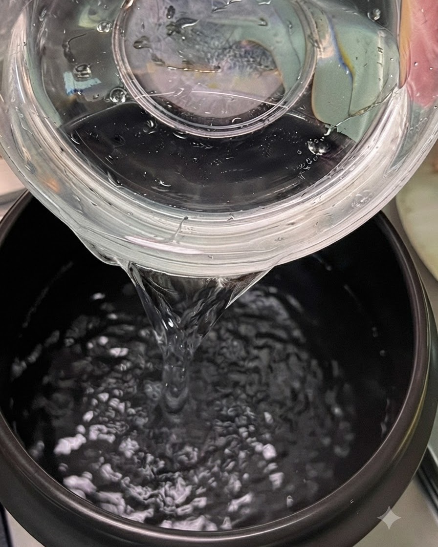 Agua clara vertida en una olla de barro negro sobre una cocina.