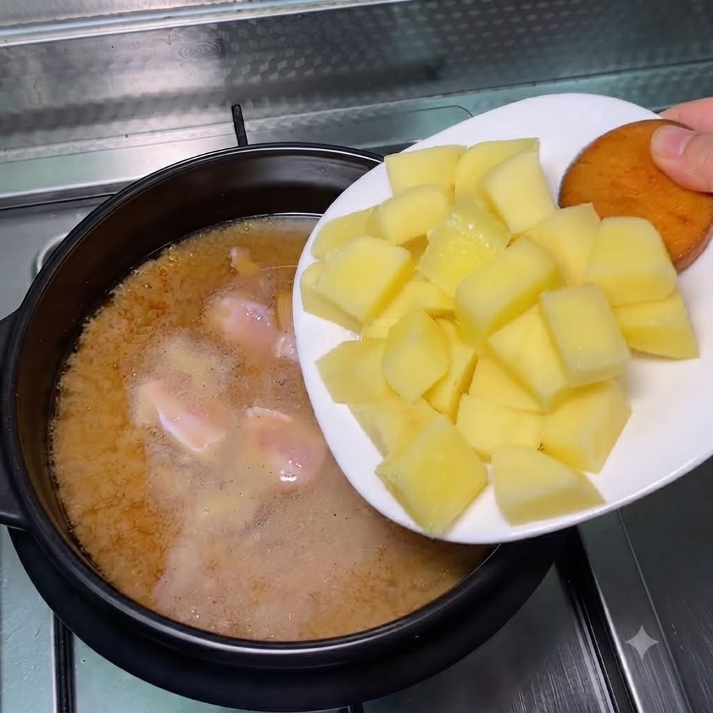 Un plato blanco deslizando patatas amarillas en cubos en la olla caliente de sopa.