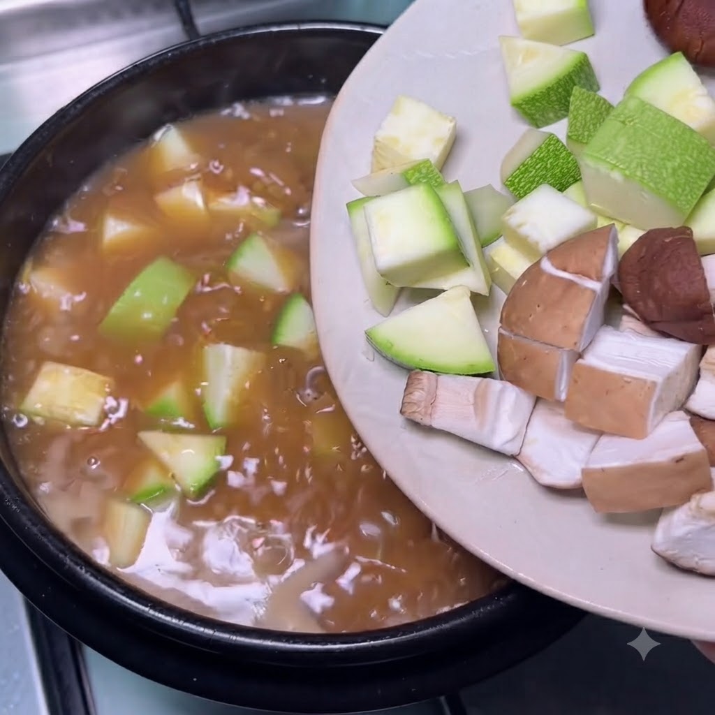 Un plato con calabacín verde picado y setas marrones siendo incorporado al estofado.