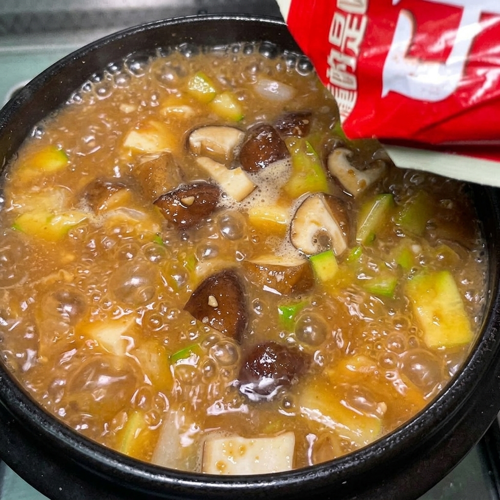 Un paquete de condimento rojo vertiendo polvo en una olla de barro burbujeante llena de estofado coreano de pasta de soja.