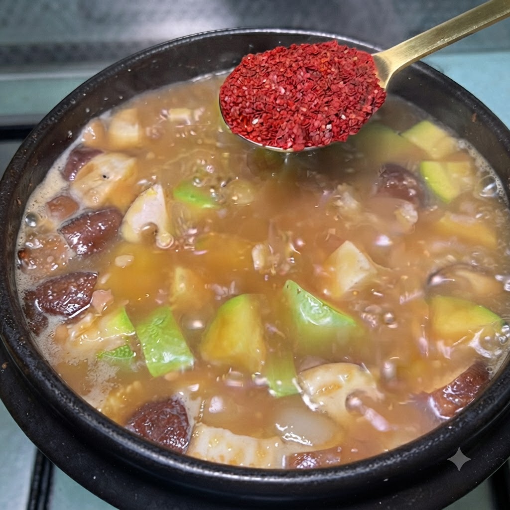 Una cuchara dorada llena de pimentón rojo vibrante sostenida sobre una olla humeante de estofado coreano de pasta de soja.