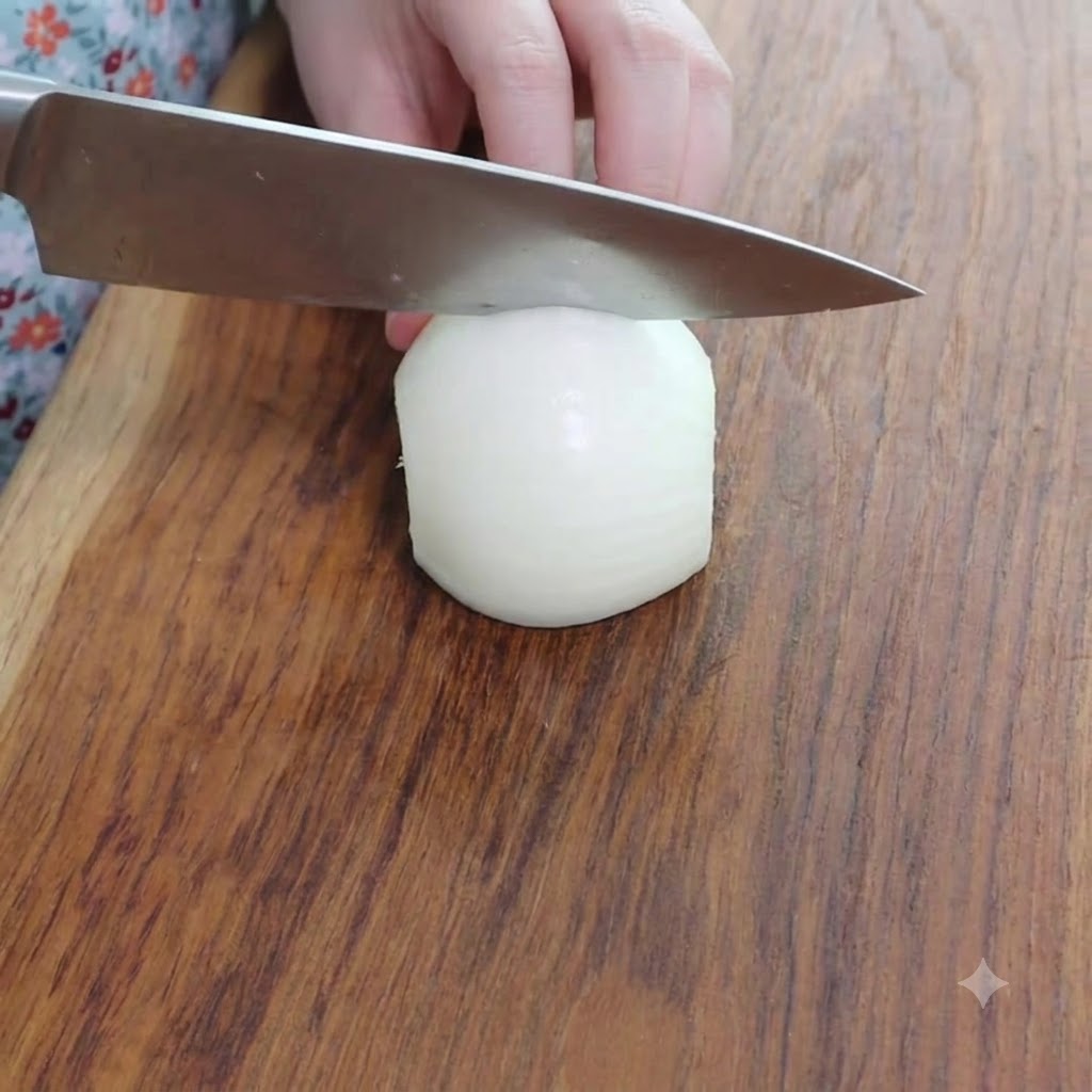 Una cebolla pelada cortada en cubitos pequeños con un cuchillo de chef sobre una superficie de madera.