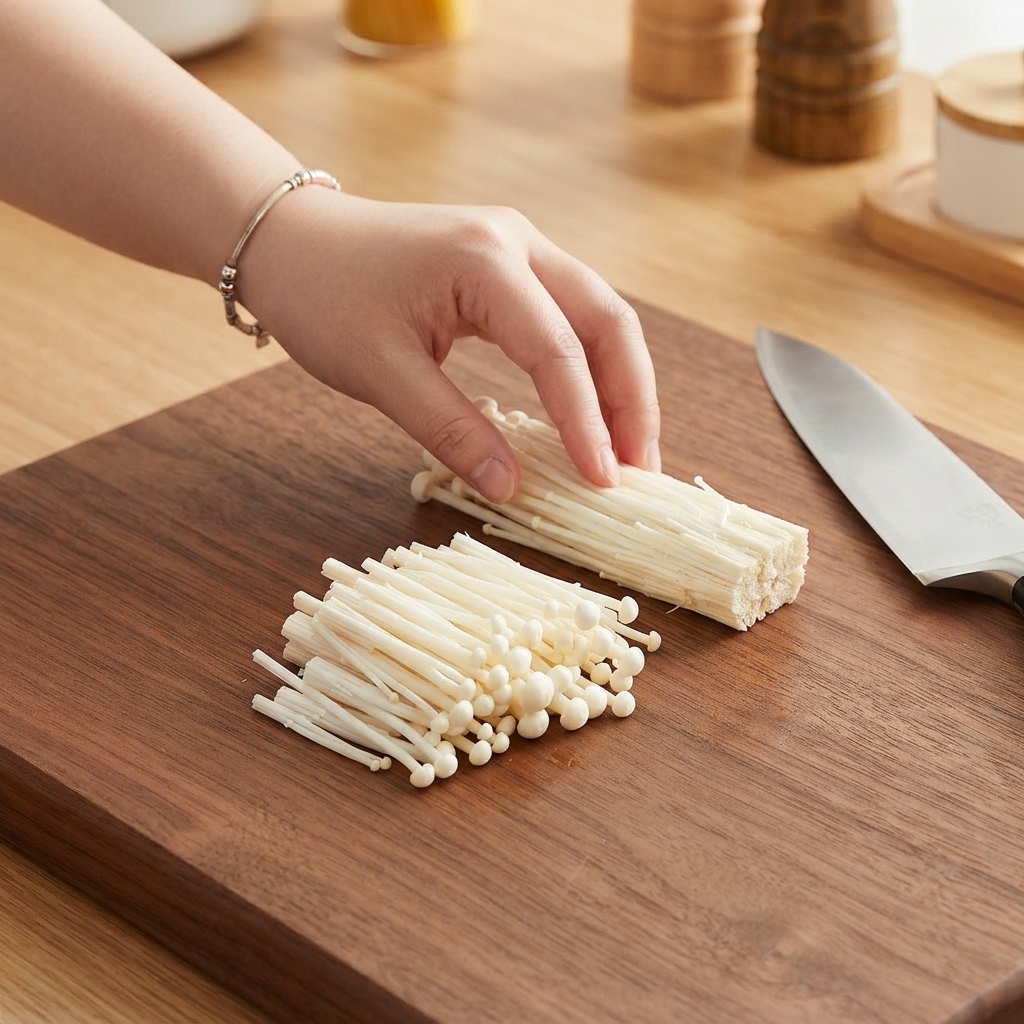 Champiñones enoki recortados y separados en secciones pequeñas sobre una tabla de cortar de madera.