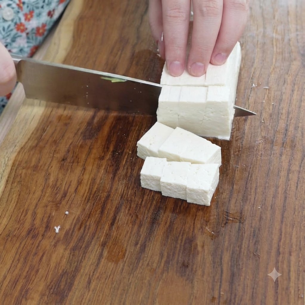 Un bloque de tofu blanco fresco cortado en cubos rectangulares pequeños sobre una tabla de cortar de madera.