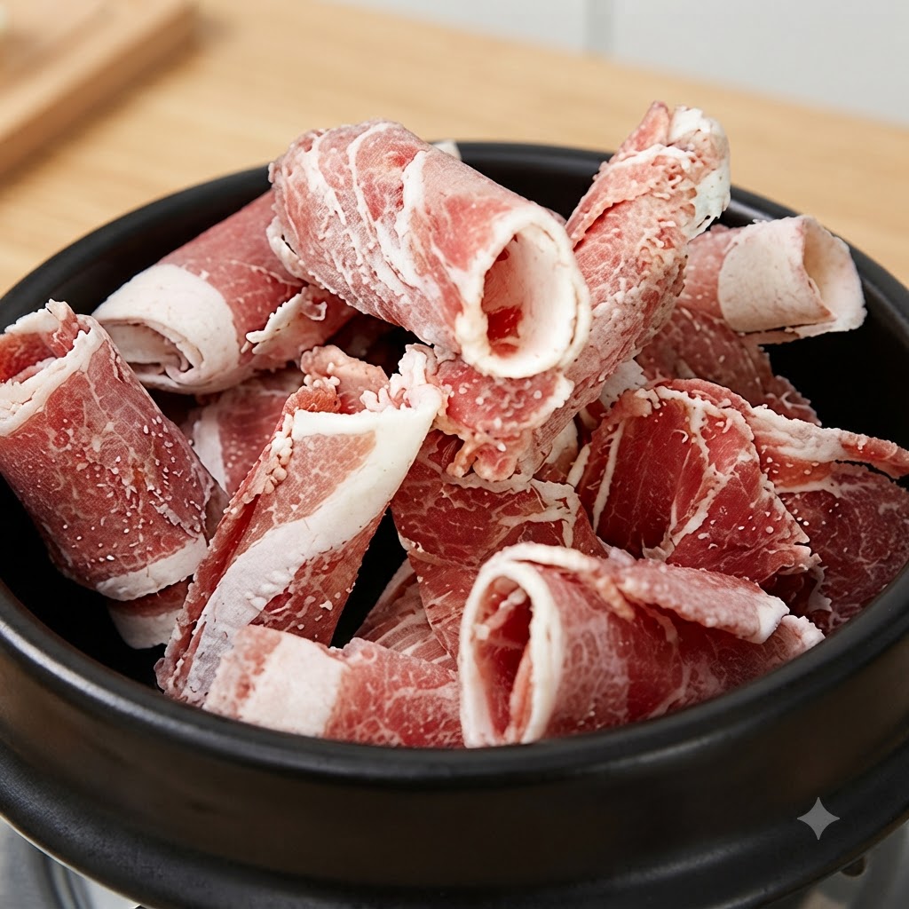 Trozos de falda de res cortados finamente cocinándose dentro de una olla de barro tradicional oscura sin aceite añadido.