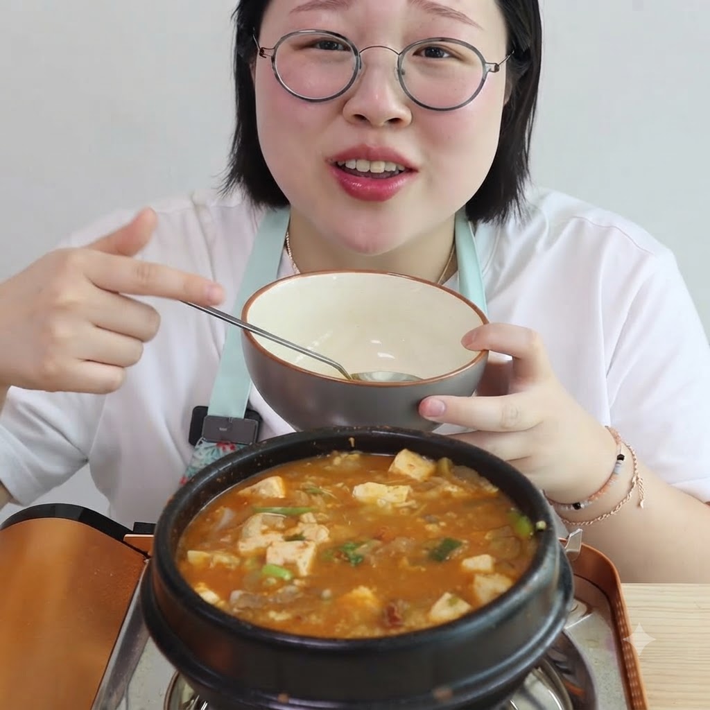 Una olla de caldo de sopa hirviendo que contiene rodajas de cebolla y calabacín, con una persona sosteniendo un tazón en primer plano.