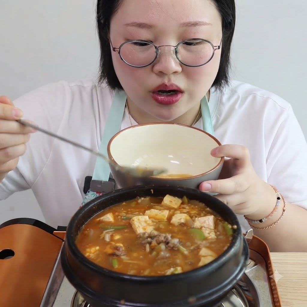 Cubos de tofu y champiñones enoki hirviendo a fuego lento dentro de una olla burbujeante de doenjang jjigae coreano.