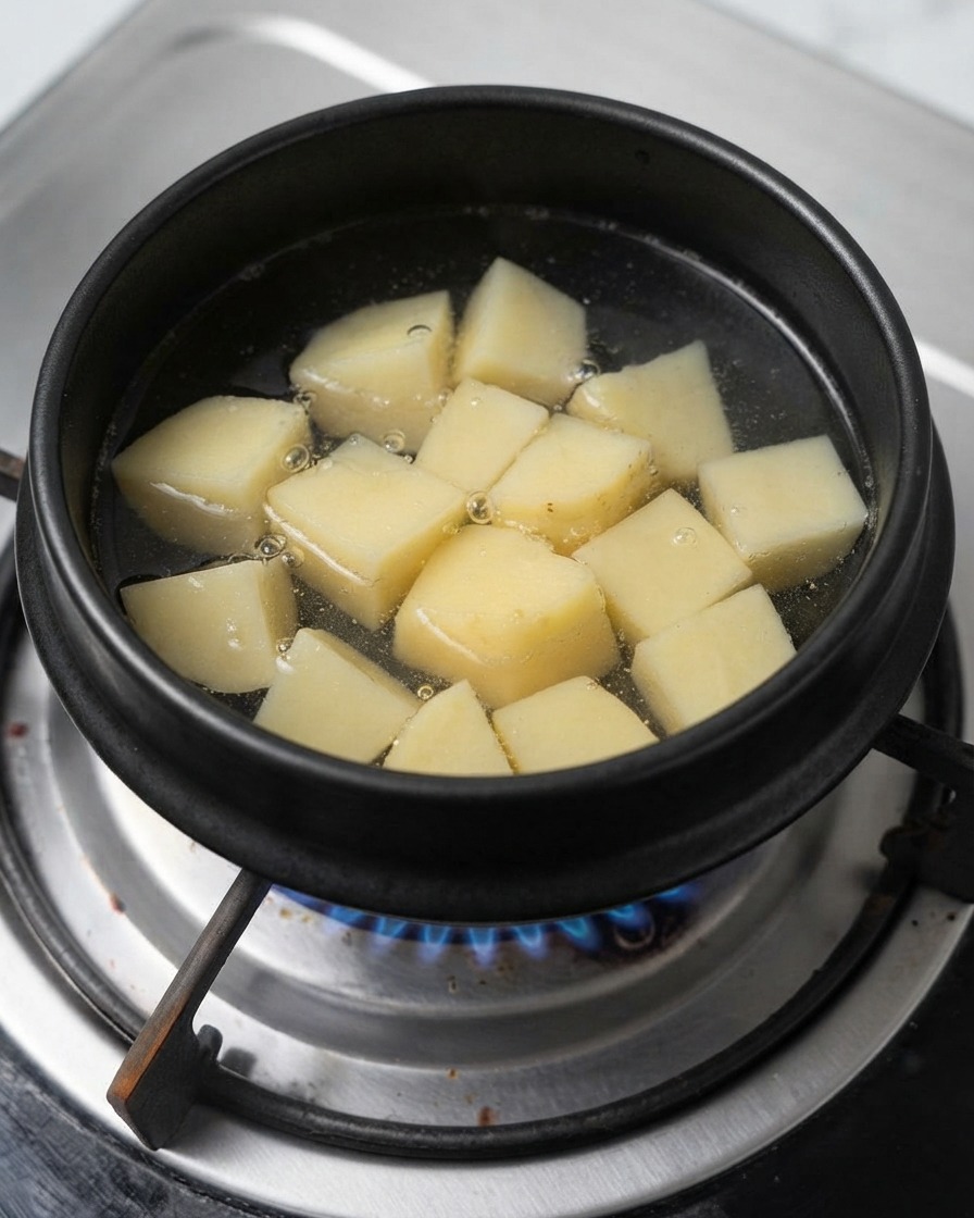 Trozo de patata hirviendo en una olla negra con agua sobre una estufa de gas.